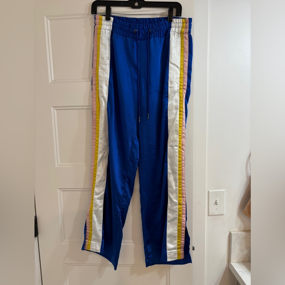 Pam & Gela Blue Track Pants with White, Yellow & Pink Side Stripes